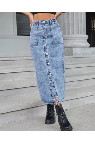 Pass&pass 2102-etk Kadın Likralı Önden Düğmeli Jeans Kot Denim Uzun Etek Kar Çok Renkli