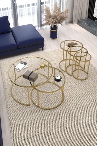 Belarus Orta Sehpa Gold 60cm & Alya Gold Zigon Sehpa Şeffaf Cam