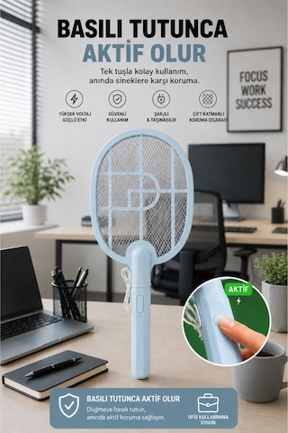 Glr Usb-016 Mavi Şarj Edilebilir Sinek Raketi Type-c Girişli Sivrisinek Ve Sinek Öldürücü Raket