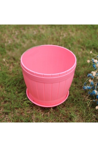 Sones 10 Adet İmitasyon Ahşap Fıçı Plastik Reçine Saksı Tepsili, Üst Çap: 19cm, Yükseklik: 16.5cm Pembe