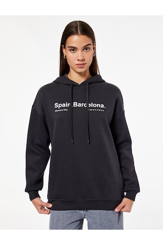 Koton Uzun Kollu Kapüşonlu Arkası Baskılı Oversize Sweatshirt Antrasit 6wal10555ık Antrasit