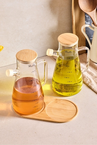 Std Gaella Bamboo 2 Li 900ml Tepsili Yağlık-sirkelik Seti 3 Parça Borosilikat Seffaf Şeffaf