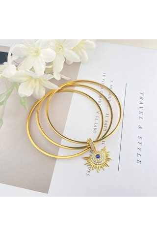 Çelik Ajda Bilezik Charmlı Ajda Bilezik Zirkon Taşlı Güneş Model Gold Gold