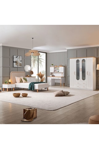 Vita Bohem Genç Odası - 4 Kapaklı Dolap, Karyola, Komodin, Çalışma Masası, Şifonyer Beyaz