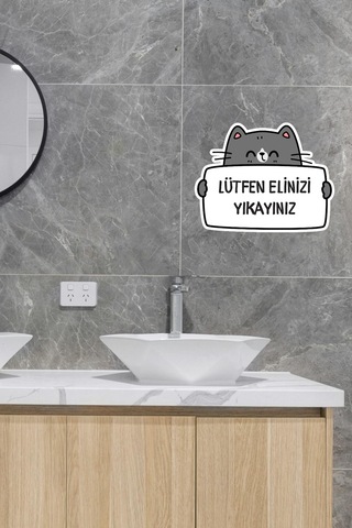 Lütfen Elinizi Yıkayınız Sticker Gri Kedi Figürlü Etiket Standart