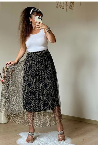 Azra Butik Açık Leopar Tül Etek Siyah