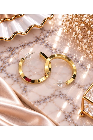 Premium Parlak Ve Şık Gold Renk Orta Boy Köşeli Halka Kadın Çelik Küpe Altın