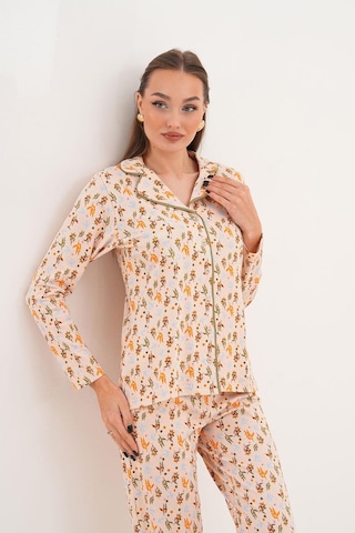 Çift Kaplan Kadın Pamuk Zeytin Desen Gömlek Yaka Yeşil Pijama Takımı 7032 Yeşil