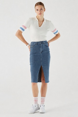 Lacoste Slim Fit Womens Skirt Dar Kesim Yırtmaçlı Kadın Kot Etek Lacivert