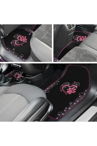 Kadınlara Özel Nakış İşlemeli Taşlı Kalp Ve Köpek Pati Desenli Oto Paspas Seti Şık Ve Dayanıklı