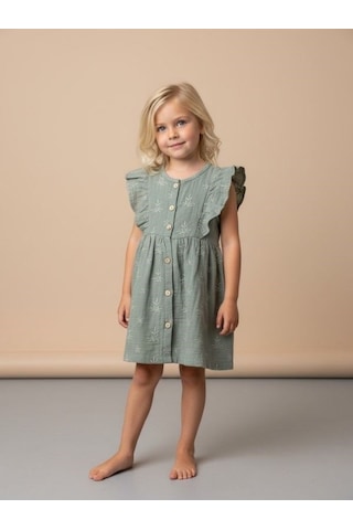 Zekids Kız Çocuk Müslin Kumaş Elbise-17232 Yeşil