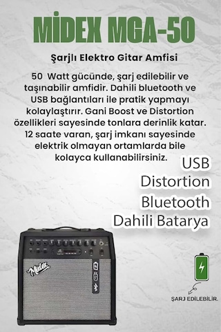 Mga-50-pak Elektro Gitar Amfisi 50 Watt Usb Bluetooth Şarjlı 4 Girişli Mikrofon Kulaklık Stand Kablo