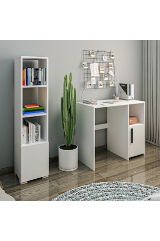 Kuzey Çalışma Masası Ve Kitaplık Set Beyaz