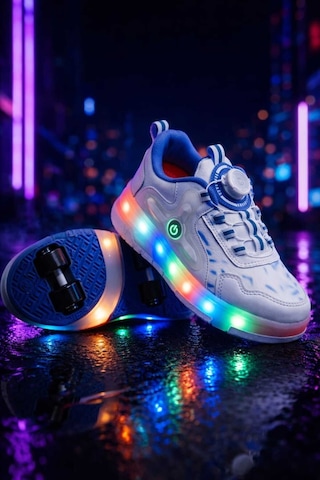 Elit Eyl034 Erkek Çocuk Rgb Led Işıklı Çıkarılabilir Tekerlekli Paten Ayakkabı Beyaz - Mavi