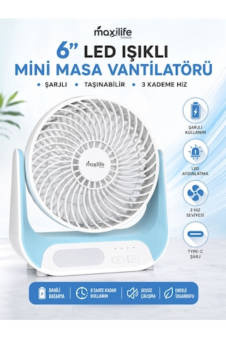 Breeze Mg-5146f Şarjlı Mini Masa Vantilatörü Led Işıklı 3 Kademeli Usb Type-c