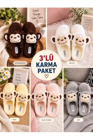 Moon Cloud Karma Peluş Terlik Pofuduk Sıcak Tutan Ev Terlik Çeyizlik - Hediyelik Zyn296 Monkey Desenli