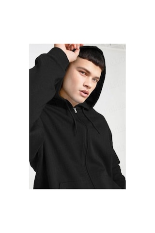 Mellorenzo 3 İplik Şardonlu Fermuarlı Kapüşonlu Sweatshirt Siyah Siyah