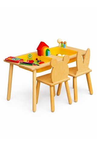 Wood&joy Çift Bölmeli Duyusal Aktivite Merkezi ve 2 Sandalye Seti Sarı