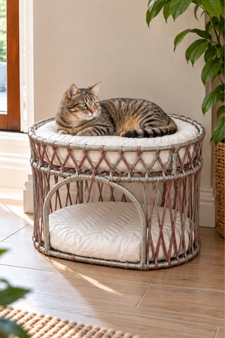 Reyo Tasaryum Çift Katlı Kedi Yatağı Ve Kedi Ranzası, Minderli İskandinav Tasarım Kedi Evi, Örgü Gövdeli Kedi Yuvası Gri