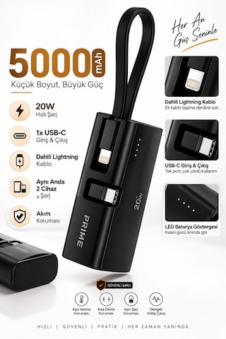5000 Mah Powerbank 20w Pd Hızlı Şarj Dahili Lightning Kablolu Usb-c Taşınabilir Şarj Cihazı siyah
