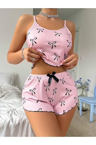 Melonika Pembe Fiyonklu Askılı Şortlu Kadın Pijama Takımı, Yumuşak Kumaş, Şık Detaylar,yazlık Kadın Pijama Çok Renkli