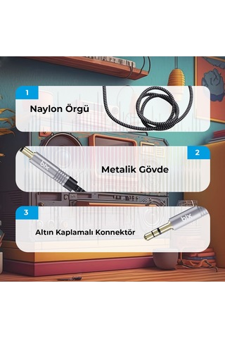 Bix BXAU103 3 M 3.5 MM Erkek Örgülü Aux Ses Kablosu