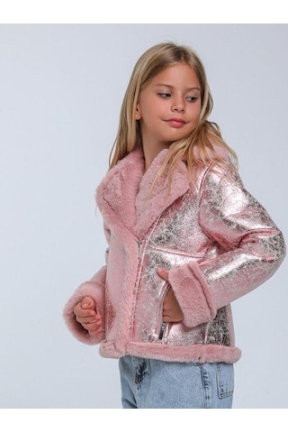 Kız Çocuk Parlak Kumaş İçi Peluş Detaylı Tasarım Mont-14266 Pembe