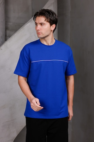 Erkek Garnili Şeritli Oversize Bisiklet Yaka 2 İki İplik Kompakt T-shirt Saks