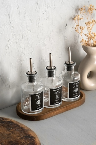 Khakma Ahşap Stantlı Şeffaf 3'lü 250 ML Sosluk Yağdanlık