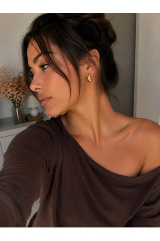 Gold Yarım Damla Formlu Çelik Küpe Minimal Vintage Tasarım Altın