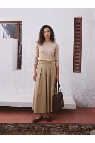 Lcw Modest Bej Beli Lastikli Gabardin Kloş Etek