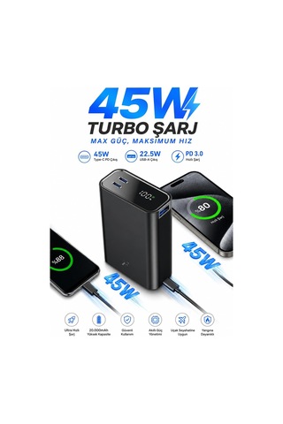Pw501 20000 Mah 45w Pd Çift Type-c + 22.5w Usb-a Hızlı Şarj Powerbank Dijital Gösterge, Pd 3.0 Hızlı Şarj, Uç