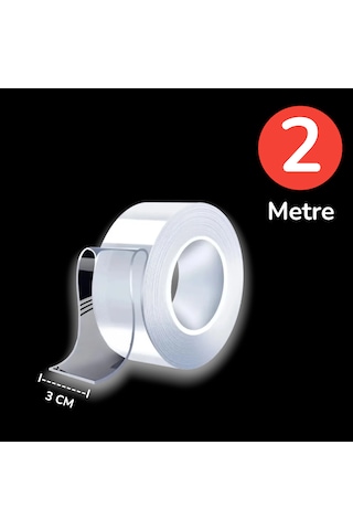 Ultra Güçlü Çift Taraflı Nano Bant 2 Metre X 3 Cm Şeffaf Yapışkanlı Silikon Bant