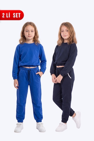 Panios Kids 2'li Yuvarlak Yakalı Beli Lastikli Crop Kesim 4 Parça Kız Çocuk Alt Üst Eşofman Takımı Mavi-lacivert
