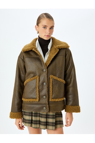 Koton Cepli Peluş Yaka Detaylı Oversize Suni Deri Ceket Yeşil 5wak20337ew Koyu Haki