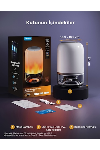 Govee Masa Lambası 2 Pro X Jbl Hoparlörlü, Type-c Şarjı, 45' Şarj Adaptörü Dahildir H60200f1 Şeffaf