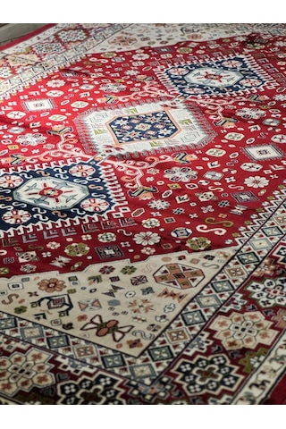 Asaryün Halı Ipek H4320 Bordo İpeksi Geleneksel Renkli Göbekli Klasik Desen Salon Halısı Modern Renkli
