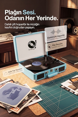 Kensa Bluetooth Lu Nostaljik Çantalı Pikap 33/45/78 Devir Dahili Bataryalı Plak Çalar Mavi