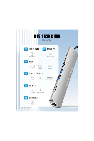 Lemorele Tc19plus, 8 İn 1 Usb Type-c Hub Çoklayıcı, 4k Hdmı Usb 3.0 Ethernet, Pd Şarjlı 8'i 1 Arada Çoğaltıcı