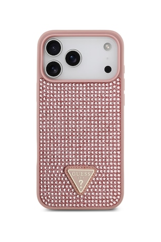 Apple Uyumlu iPhone 17 Pro Max Kılıf Guess Lisanslı Taşlı Arka Yüzey Üçgen Logolu Kapak Pembe Pembe