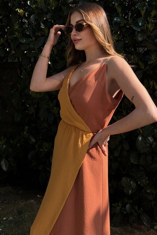 Kadın Hardal & Turuncu Color Block Kruvaze, Hasır Askı Detaylı, Yırtmaçlı, Uzun Airobin Elbise Hardal