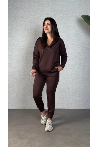 Defymoda Kadın Uzun Kollu Kapüşonlu Ikili Takım Kahverengi