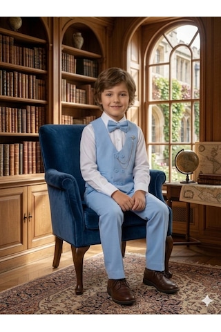 Baby Kids Colors Erkek Çocuk Smokin Takım Elbise 6 Düğmeli Yelekli Papyonlu Zincirli 4'lü Takım Mavi
