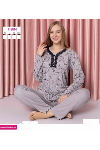 Sude Kadın Bambu İnterlok Uzun Kol Yakası Nakışlı V Yaka Pijama Takımı P5044 - 1 Adet 001