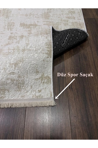 Kaymaz Tabanlı Saçaklı Yıkanabilir Leke Tutmaz Kesme Kabartmalı Salon Koridor Mutfak Halısı Krem