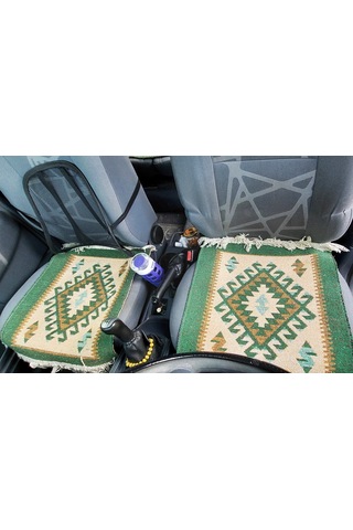 Reversible Oto Koltuk Kilim Seti 3 Parça Makine Dokuma Akrilik & Polyester Saçaklı - Yeşil