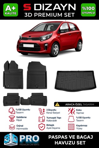 S-dizayn Kia Picanto 3d Pro Havuzlu Paspas Ve Bagaj Havuzu Seti 2'li Set 2017 Üzeri A+ Kalite