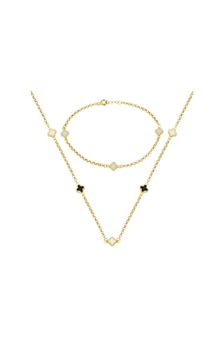 Bilezikci Siyah Beyaz Yoncalı 14 Ayar Altın Set