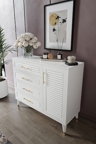 Panjurlu 4 Çekmeceli 1 Kapaklı Şifonyer Modern Tasarım, Mdf Kapak, Beyaz Gold Beyaz - Gold