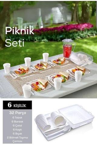 Mithra Life 6 Kişilik Çantalı Beyaz Çatal Bıçak Kaşık Ve Tabak Piknik Seti Mıt1232 Diğer